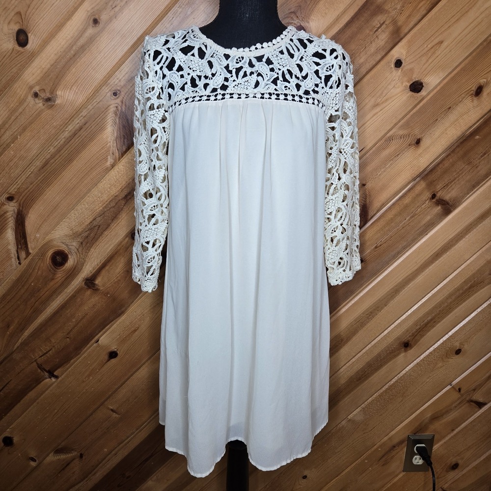 Blu Pepper Boho Hippie Dress Ivory Lined Crochet Size Small Tunic